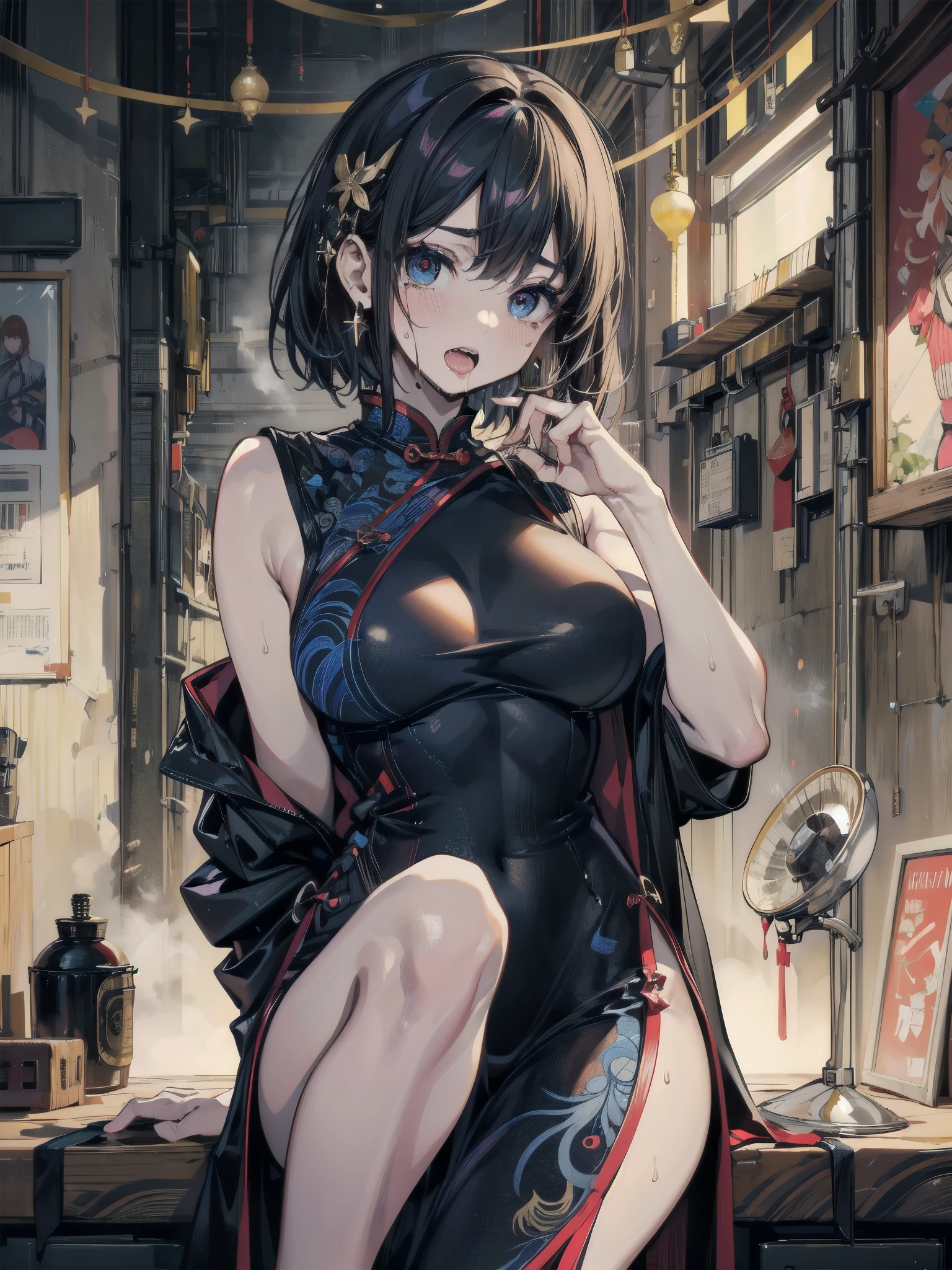 (Masterpiece, highest quality:1.3), High resolution, (illustration: 1.3), 35 years old, milf, (cute:1.3), 35 years old, large breasts, triple D cup breasts, sexy, horny, round buttocks, bubbly buttocks, fit and strong, slender body, plump lips, (black bob cut;1.1), china dress, strip club, happy smile, strip pole dancing