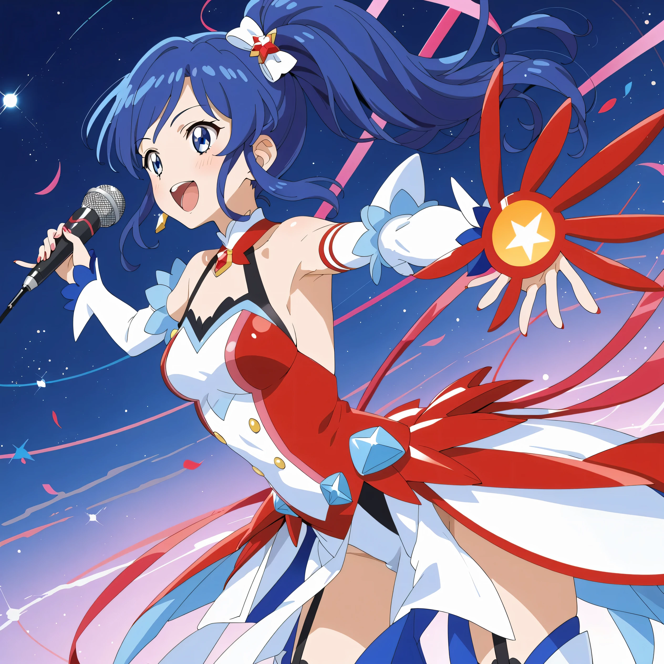 ,aikatsu,1 girls,in senki zesshou symphogear style , Blue hair,Side Pony tail,Blue and White battle suit,BREAK,ultra-definition, high resolution, ultra-detail CG,caustics, Live stage, in front of super large vision, singing, stand microphone ,