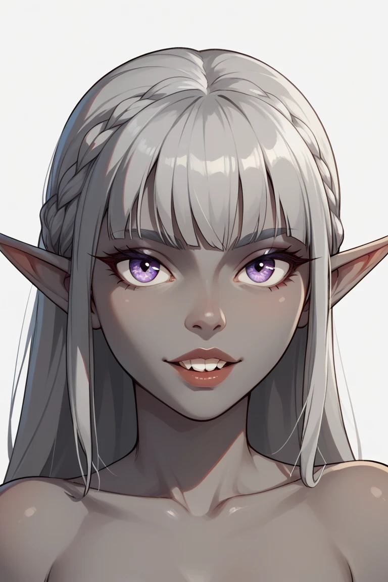 dark elf, blinding bangs, grey skin, grey hair, portrait, beautiful, gap in front tooth