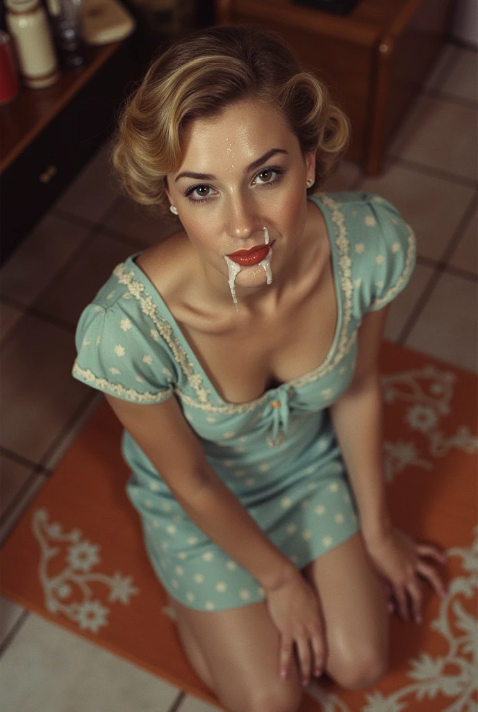 From above. (1950s housewife:1.2) on her knees with cum on her face