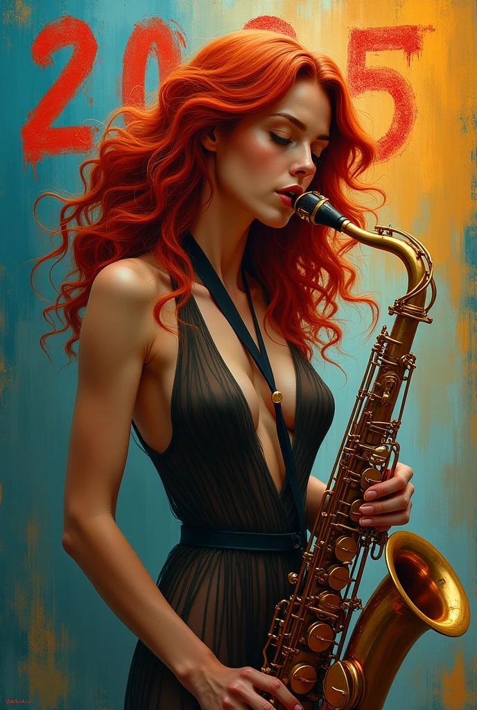 arafed woman sitting on a table with a saxophone and a leopard, milo manara, inspired by Apollonia Saintclair, giantess art, milo manara style, milo manara - h 1 2 0 0, by Rob Alexander, inspired by Greg Hildebrandt, by Hans Erni, inspired by Mark Brooks, pinup art, red haired goddess