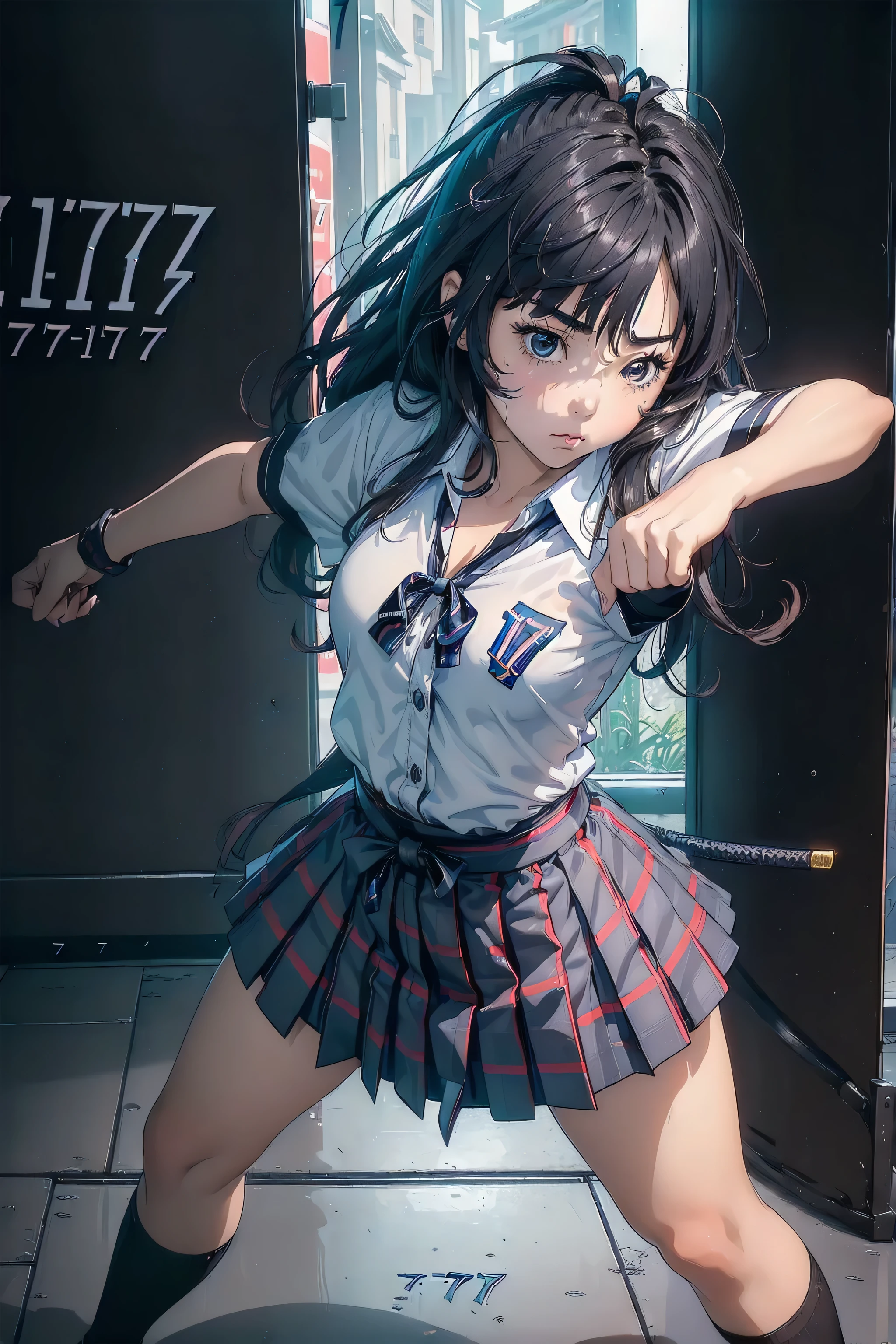 masterpiece, best quality, highres, ichinose shiki, idolmaster, long hair, two side up, hair bow, ahoge, medium breasts, earrings, without background, ((Please draw a single Japanese samurai girl prepares for battle, in a fighting stance, in a low stance wielding a katana:1.3)), ((1girl)), (Solo, face,-yeld:2. a high school student. Full limbs, complete fingers, ((perfect fingers)), ((perfect hands)), medium butt, groin, perfect eyes, one american blazer uniform girl ((white blouse with formal collar, navy blue blazer, blue plaid skirt)), ((blue plaid skirt)), ((tartan, check plaid texture skirt)), ((red plaid bow on the blouse)) (Detailed Lighting), ((full body view)), ((standing)), ((legs)), uwabaki shoes, beautiful single girl (one girl), full body shot, front body, pretty eyelashes, make up, electric eyes, ((black socks)), ((black school shoes)),
