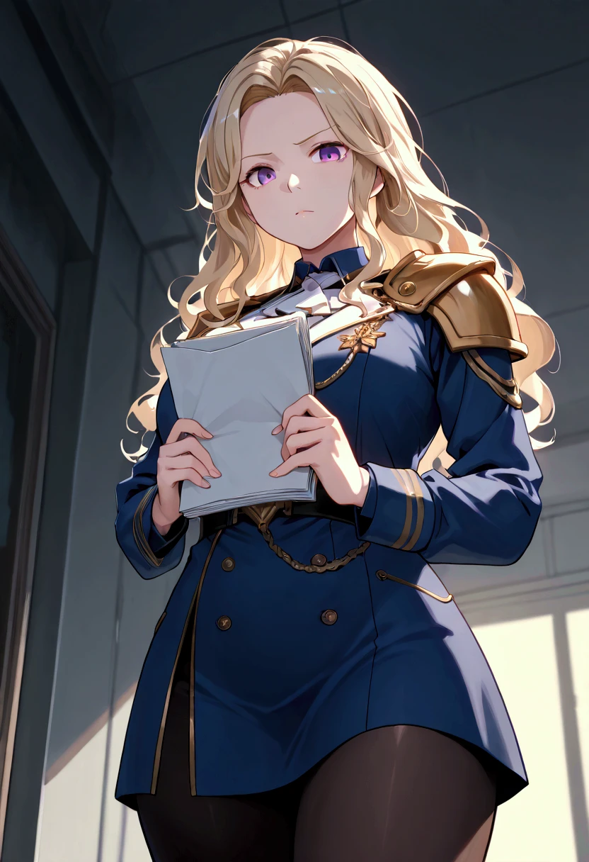 45 year old woman, defined and beautiful body, very light blonde hair, almost white, messy hair, long and wavy hair. Blue uniform, military uniform, dark, golden details of nobility, golden shoulder pads with fringes. Front view, purple eyes, serious and cold look, view from below, walking down a large corridor with a blonde woman in blue clothes behind, carrying papers. (beautiful, cold, milf, outfit, noble outfit)