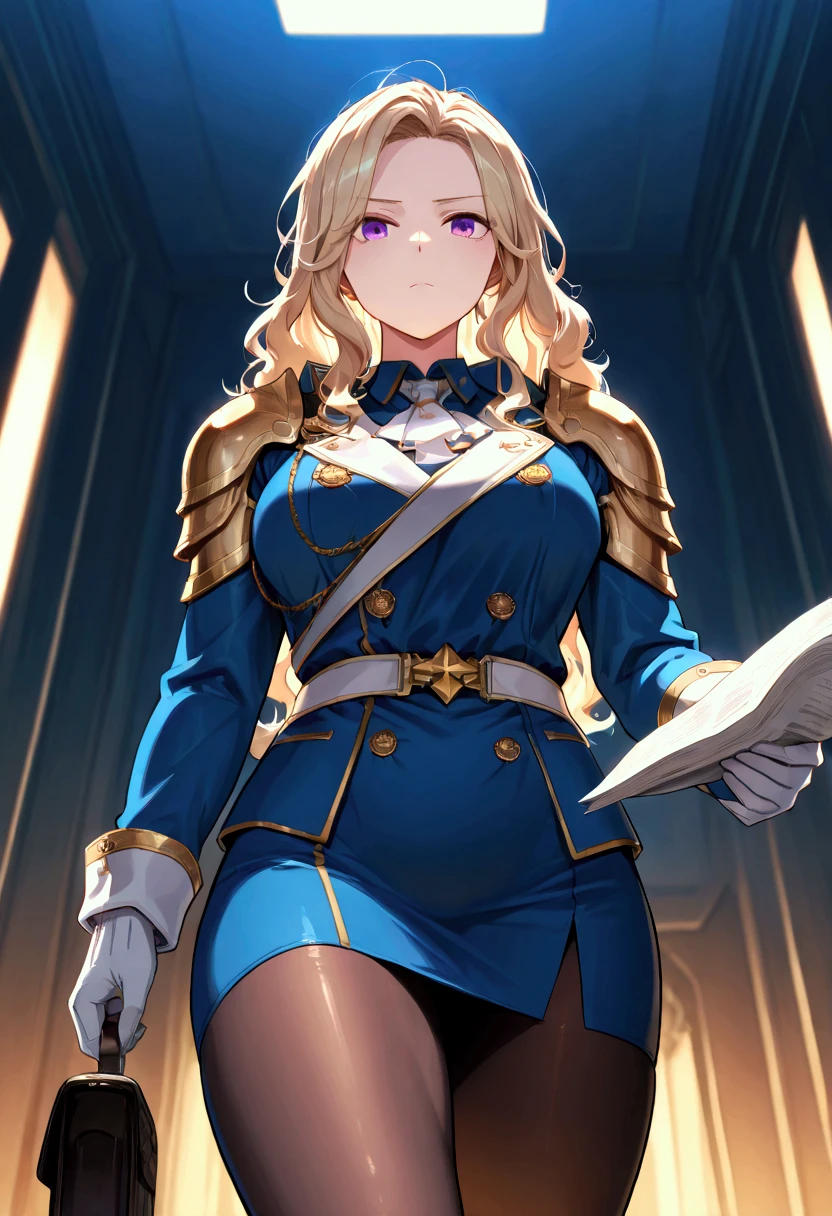 45 year old woman, defined and beautiful body, very light blonde hair, almost white, messy hair, long and wavy hair. Blue uniform, military uniform, dark, golden details of nobility, golden shoulder pads with fringes. Front view, purple eyes, serious and cold look, view from below, walking down a large corridor with a blonde woman in blue clothes behind, carrying papers. (beautiful, cold, milf, outfit, noble outfit)