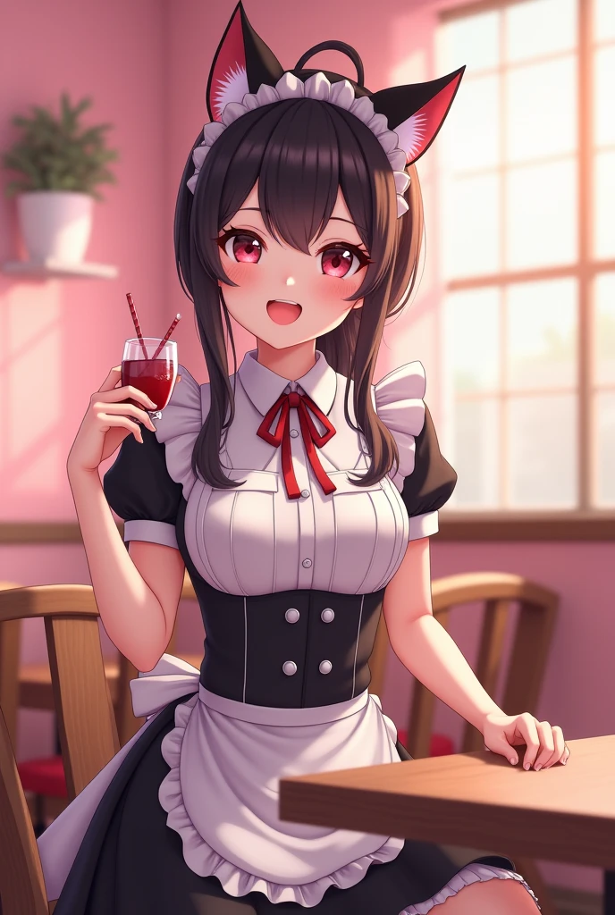 best quality, masterpiece, highres, solo, {maid:1.40}, {long maid dress:1.15}, {mamiya_kantaicollection:1.15}, brown_hair, long_hair, ribbon, hair_ornament, hairclip, hair_ribbon, ahoge, breasts, large_breasts, smile, blush, red_eyes, purple_eyes
