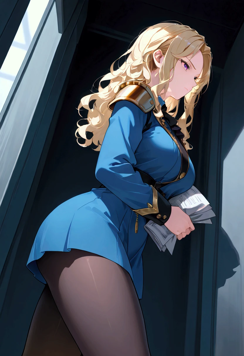 45 year old woman, defined and beautiful body, very light blonde hair, almost white, messy hair, long and wavy hair. Blue uniform, military uniform, dark, golden details of nobility, golden shoulder pads with fringes. Front view, purple eyes, serious and cold look, view from below, view from side, walking down a large corridor with a blonde woman in blue clothes behind, carrying papers. (beautiful, cold, milf, outfit, noble outfit)