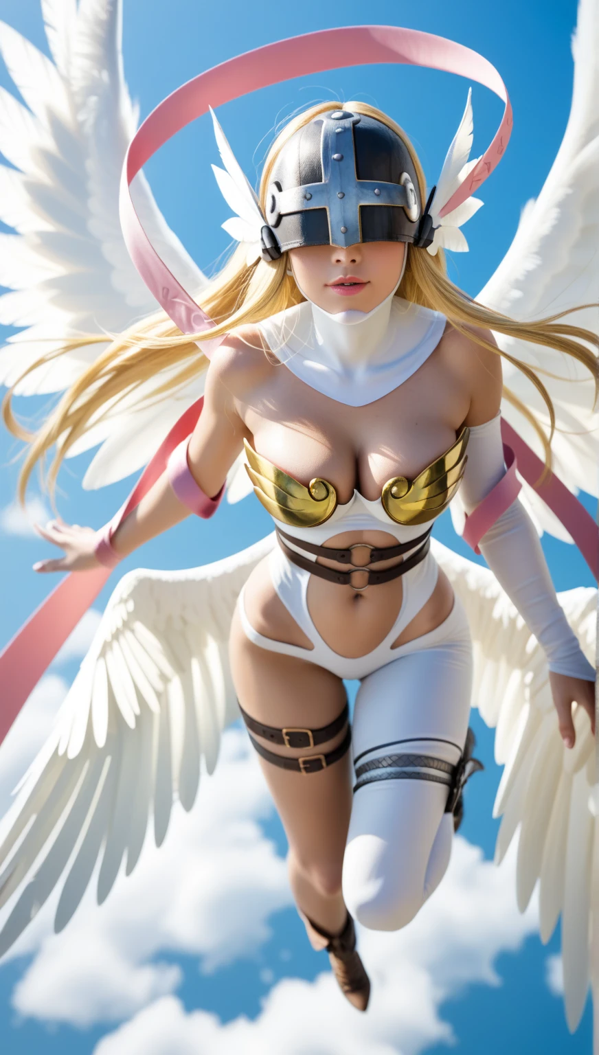 <lora:Angewomon:1>, ((Angewomon)), Digimon, winged helmet, blonde hair, helmet over eyes, helmet on, covered eyes, (white multiple wings, white (wings)), pink (((hagoromo))), (single glove), strapless, (white (bodysuit)), gold strapless bra, black belt, two belts, field, tree, grass, mountainous horizon, standing, day, sunlight, outdoors, asymmetrical pants,