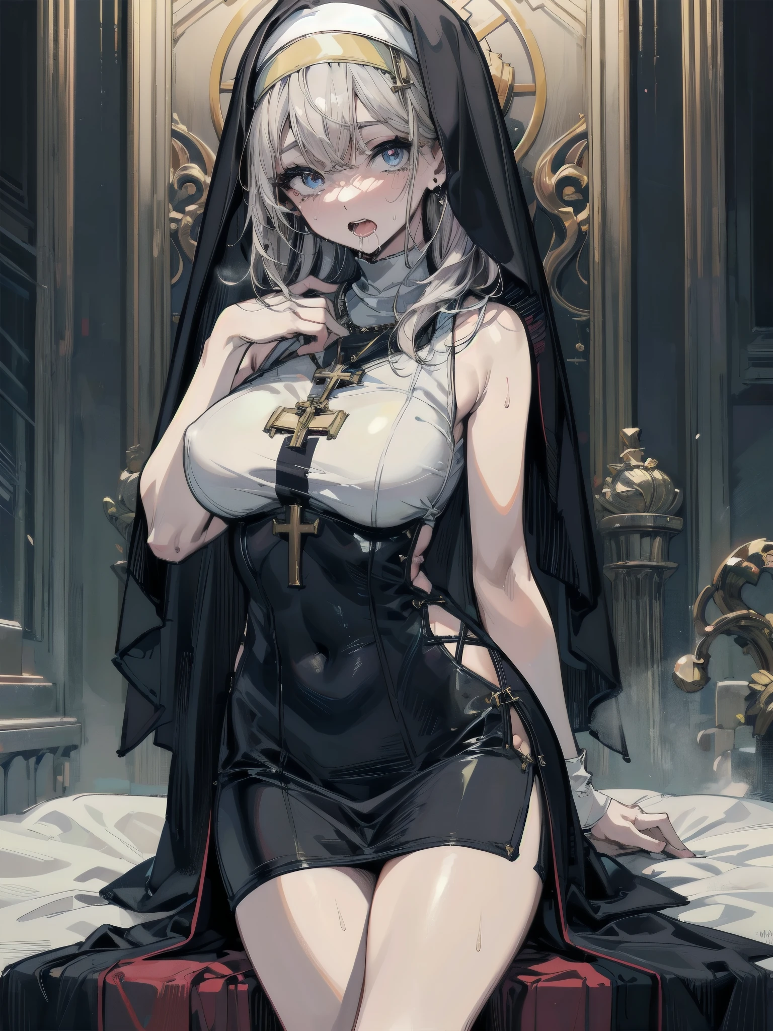 (masterpiece:1.2), (best quality:1.2), dark theme, night time, full body shot, 1girl, medium breasts, fit and petite body, blonde hair, long hair, black nun headdress, black split nun oufit, black stockings, showing cleavages, cross necklace, kneeling on the floor, <lora:prayhands5:0.35>, prayhands, interlocked fingers, own hands together, <lora:blacksclera-v1.5-lora-naivae-32dim:0.85>, black sclera, red eyes, evil smile, looking at viewer,
blood stains on the face, debris on the floor, broken glass, cracked bricks, in the abandoned church,