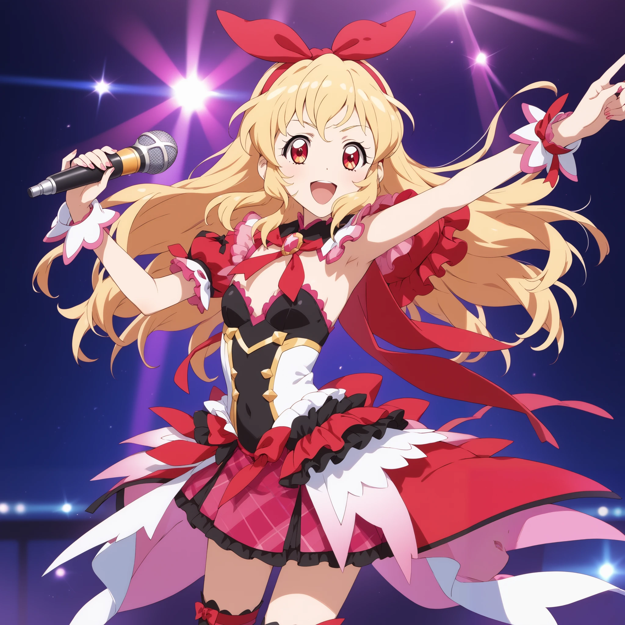 (RED Ribbon on HAIRband:1.2),aikatsu,1 girls,in senki zesshou symphogear style , Blonde long hair,black and RED battle suit,BREAK,ultra-definition, high resolution, ultra-detail CG,caustics, Live stage, in front of super large vision, singing, stand microphone ,