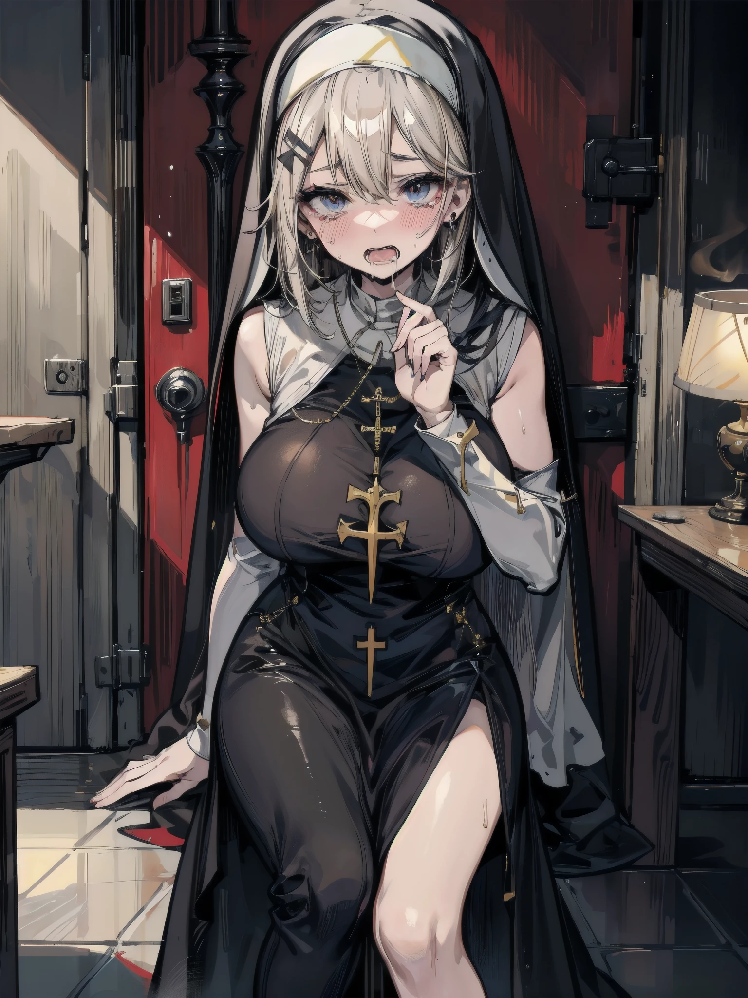 The_painter, nsfw, , loli, child girl, The best beauty, Super beautiful detail face, the anime girl is opens her clothes with her breasts exposed, smile, Orange Eyes, Upper body, boobs, nipples, thick thighs, realism, detailed, sitting, chair, black beret, gray very long hair, (gray skin:1.3), scales, room, cinematic lighting, winter