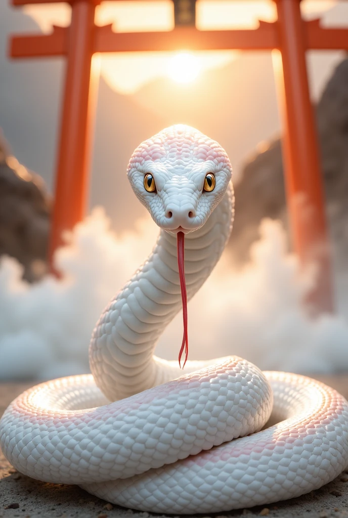 A realistic photograph with the words "Resurrection and Rebirth" written in vermilion. A sacred white snake coils gracefully. Its shimmering scales have a pale pink petal pattern and reflect light like glass. The snake is calm, showing its red tongue and gazing at the viewer with its shining golden eyes, exuding strength and grace. In the background, a glowing spiritual cloud covers the image, and a vermilion torii gate can be faintly seen in the distance. Front view,