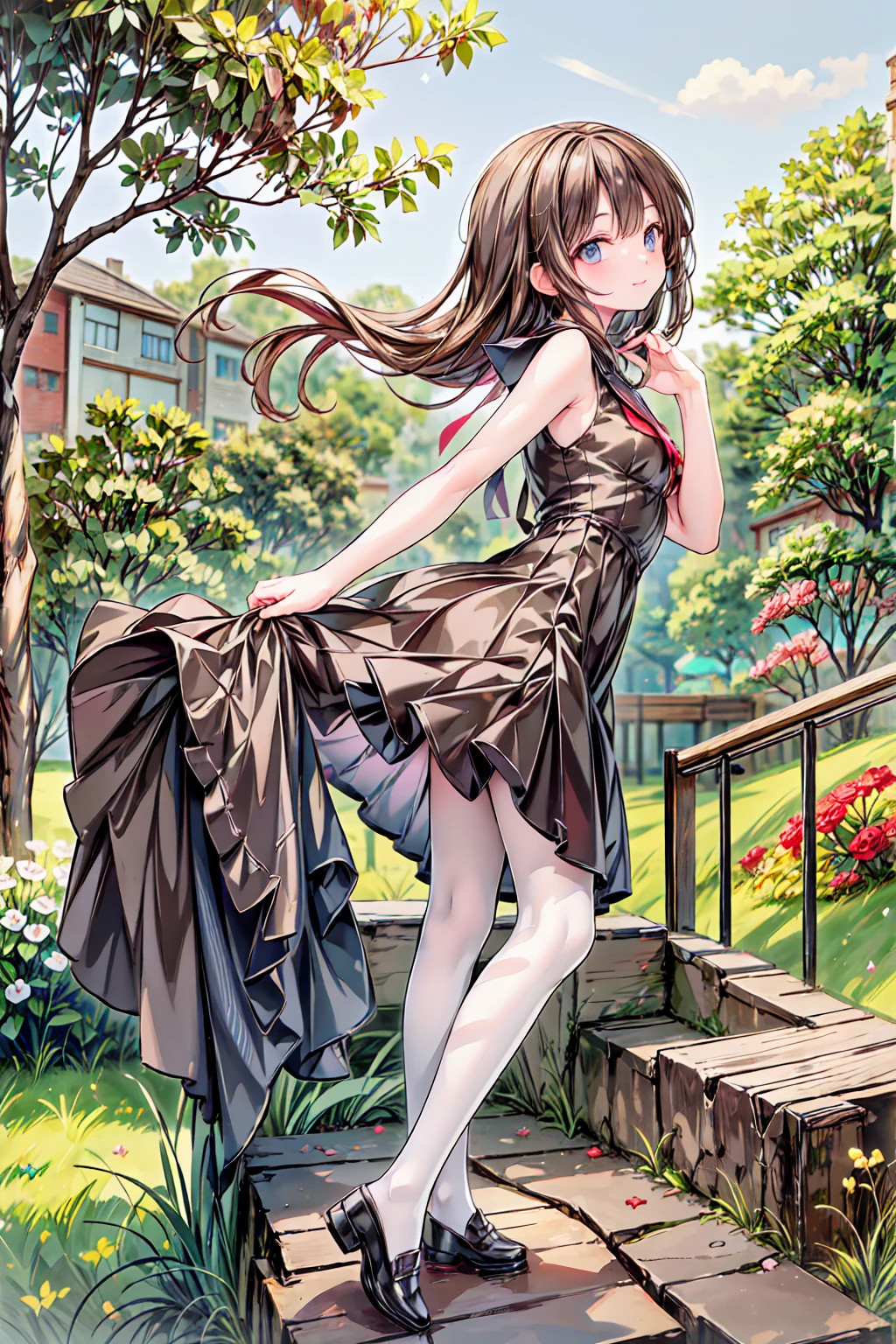 A woman wearing a dress with checkered fabric, sex dress, exposed leg, black heels, brown hair, a barrette in her hair, smiling blue eyes, walking on a platform, standing, shiny floor, outside of a building with trees around ,(solo woman),flower, UHD, masterpiece, accurate, anatomically correct, textured skin, super detail, high quality, best quality, 8k, high resolution, bokeh effect.
