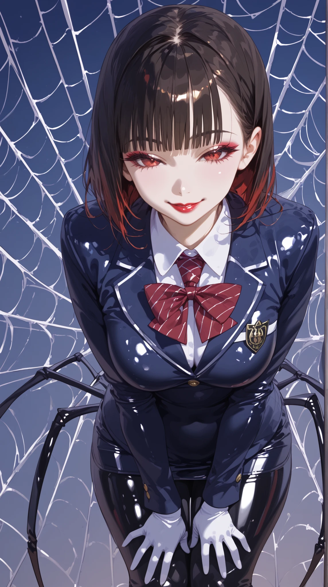   one young beautiful woman with a nice background ,(masterpiece:1.3,  Top Quality  :1.3,  detailed depiction :1.3,   Incredible Hi-Def  :1.3, High quality animated illustration ),(Arachne:1.5,  shiny latex  ,Bad Girl、 high school girl uniform with the upper half tied ,),(  red eyes, Vertical Painted Student ,  with semi-closed eyes :1.3, big ,  Seductive Smile , Shiny Lipstick ,  flashy makeup, Seductive Gestures , curvy body on the body,  High quality satin  ,), above o  legs, above o &#39;thread,  spider webs  , 8 Spider Legs 、(The lower body is a spider)