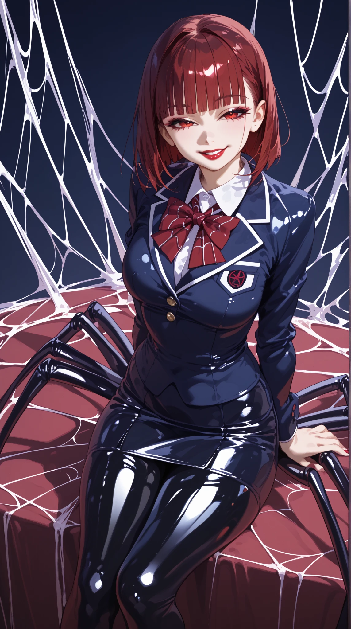   one young beautiful woman with a nice background ,(masterpiece:1.3,  Top Quality  :1.3,  detailed depiction :1.3,   Incredible Hi-Def  :1.3, High quality animated illustration ),(Arachne:1.5,  shiny latex  ,Bad Girl、 high school girl uniform with the upper half tied ,),(  red eyes, Vertical Painted Student ,  with semi-closed eyes :1.3, big ,  Seductive Smile , Shiny Lipstick ,  flashy makeup, Seductive Gestures , curvy body on the body,  High quality satin  ,), above o  legs, above o &#39;thread,  spider webs  , 8 Spider Legs 、(The lower body is a spider)