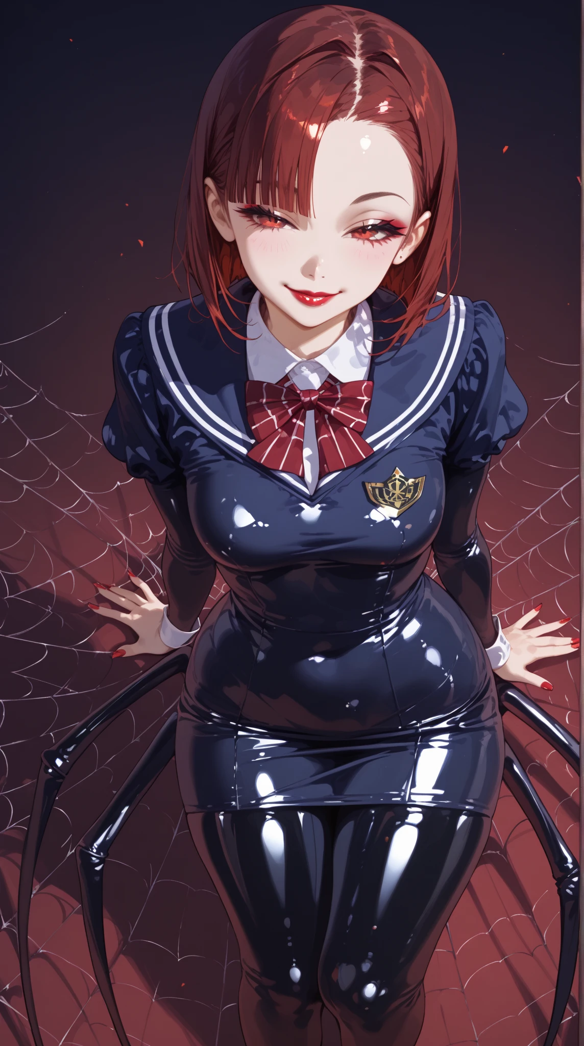   one young beautiful woman with a nice background ,(masterpiece:1.3,  Top Quality  :1.3,  detailed depiction :1.3,   Incredible Hi-Def  :1.3, High quality animated illustration ),(Arachne:1.5,  shiny latex  ,Bad Girl、 high school girl uniform with the upper half tied ,),(  red eyes, Vertical Painted Student ,  with semi-closed eyes :1.3, big ,  Seductive Smile , Shiny Lipstick ,  flashy makeup, Seductive Gestures , curvy body on the body,  High quality satin  ,), above o  legs, above o &#39;thread,  spider webs  , 8 Spider Legs 、(The lower body is a spider)