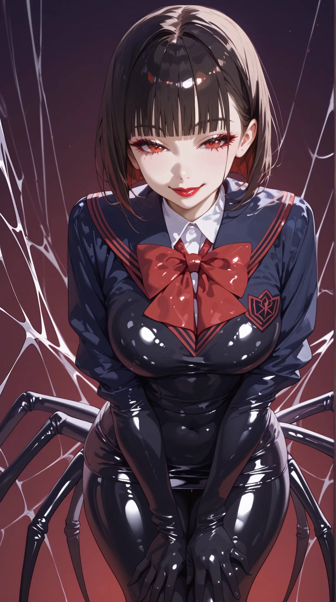   one young beautiful woman with a nice background ,(masterpiece:1.3,  Top Quality  :1.3,  detailed depiction :1.3,   Incredible Hi-Def  :1.3, High quality animated illustration ),(Arachne:1.5,  shiny latex  ,Bad Girl、 high school girl uniform with the upper half tied ,),(  red eyes, Vertical Painted Student ,  with semi-closed eyes :1.3, big ,  Seductive Smile , Shiny Lipstick ,  flashy makeup, Seductive Gestures , curvy body on the body,  High quality satin  ,), above o  legs, above o &#39;thread,  spider webs  , 8 Spider Legs 、(The lower body is a spider)