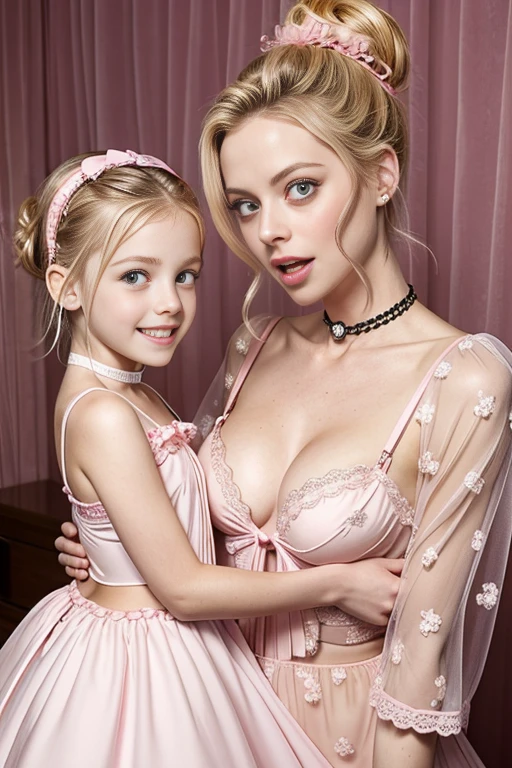 Super Skinny blonde Gillian Jacobs and her young daughter, wearing pink wedding dress, she has a very long penis, she is grabbing her own penis, skull and crossbones tattoos all over her body, short hair tied up in a bun, screaming, smiling, her penis is huge, her penis is one meter long, choker, Lolita, her penis wearing pink lingerie