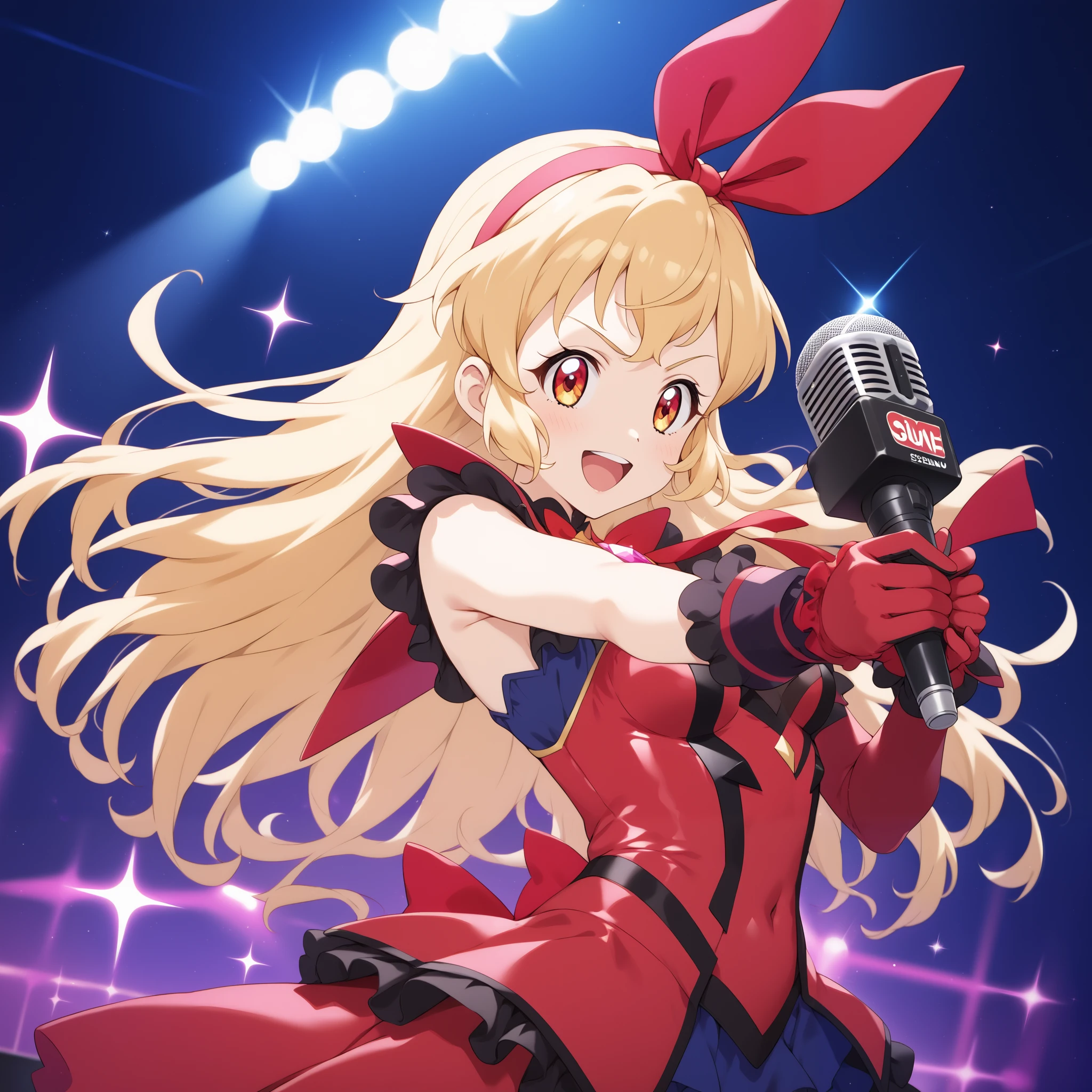 (RED Ribbon on HAIRband:1.2),aikatsu,1 girls,in senki zesshou symphogear style , Blonde long hair,black and RED battle suit,BREAK,ultra-definition, high resolution, ultra-detail CG,caustics, Live stage, in front of super large vision, singing, stand microphone ,