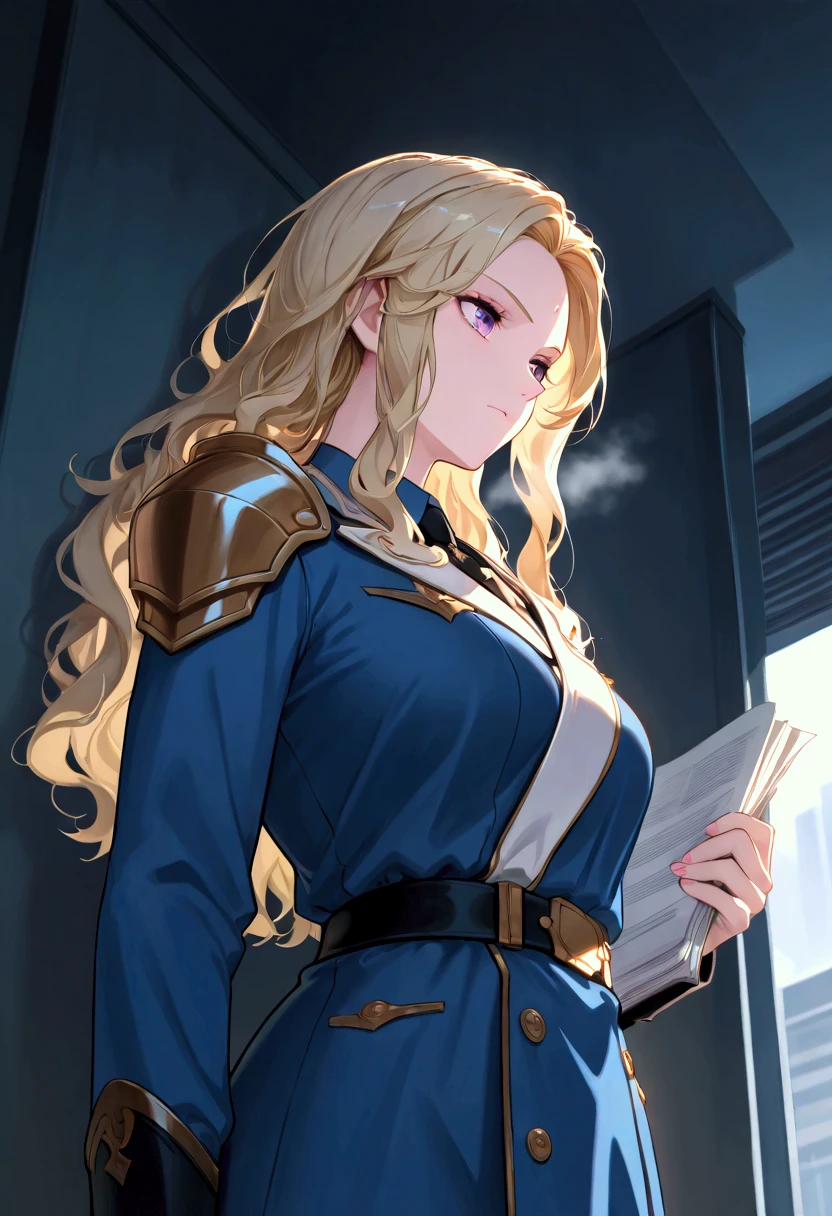 45 year old woman, defined and beautiful body, very light blonde hair, almost white, messy hair, long and wavy hair. Blue uniform, military uniform, dark, golden details of nobility, golden shoulder pads with fringes. Front view, purple eyes, serious and cold look, view from below, view from side, walking down a large corridor with a blonde woman in blue clothes behind, carrying papers. (beautiful, cold, milf, outfit, noble outfit)