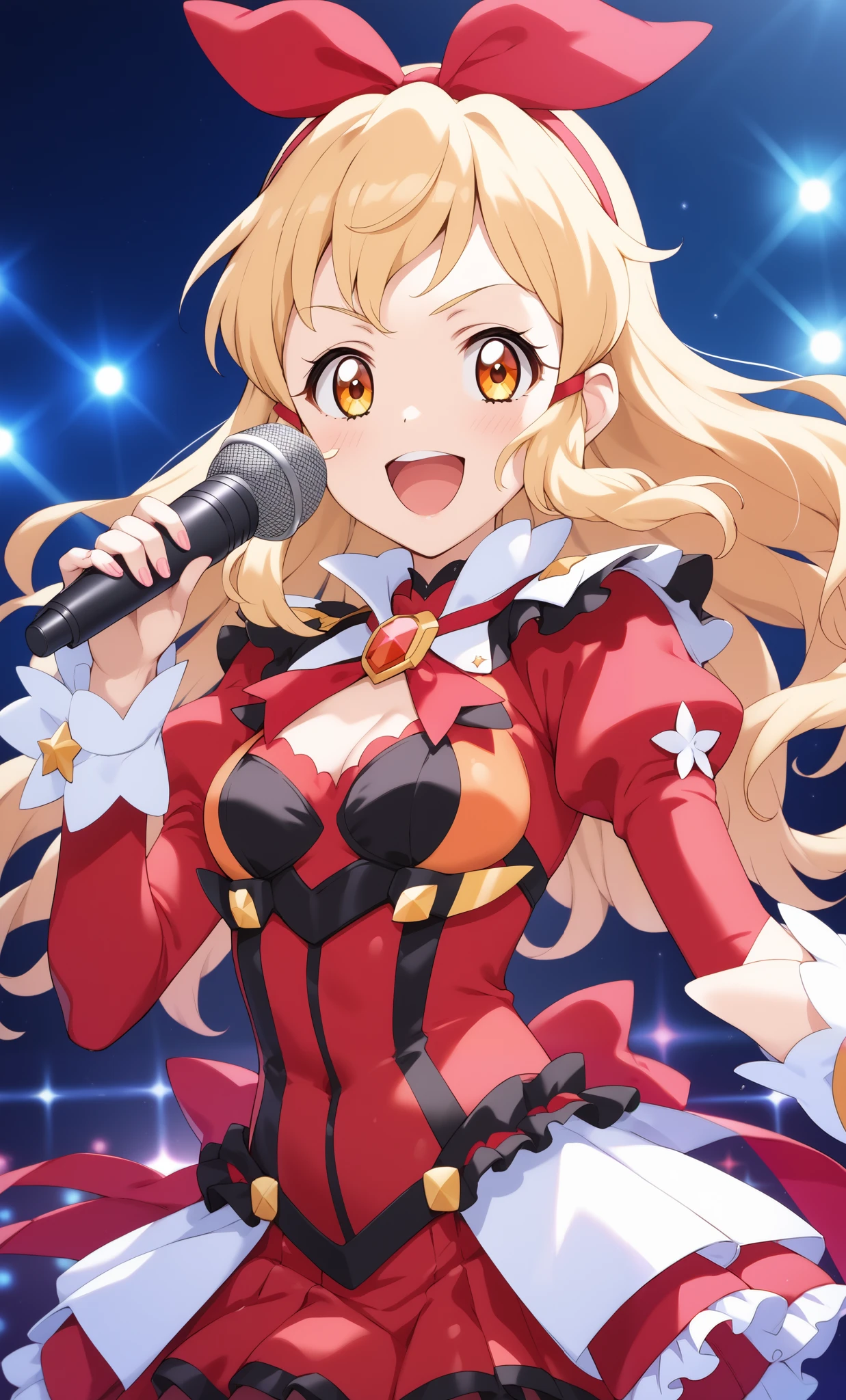 (RED Ribbon on HAIRband:1.2),aikatsu,1 girls,in senki zesshou symphogear style , Blonde long hair,black and RED battle suit,BREAK,ultra-definition, high resolution, ultra-detail CG,caustics, Live stage, in front of super large vision, singing, stand microphone ,