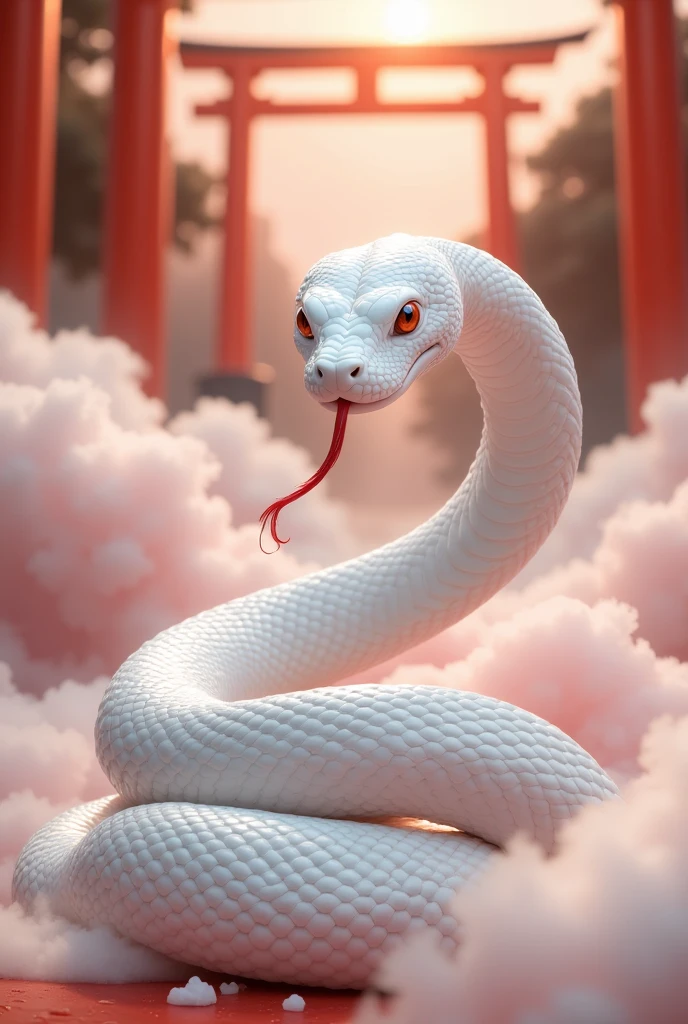 (A realistic photograph with the words "Resurrection and Rebirth" written in vermilion:1.3). A sacred white snake coils gracefully. Its shimmering scales have a pale pink petal pattern and reflect light like glass. The snake is calm, showing its red tongue and gazing at the viewer with its shining red eyes, exuding strength and grace. In the background, a glowing spiritual cloud covers the image, and a vermilion torii gate can be faintly seen in the distance. Front view,