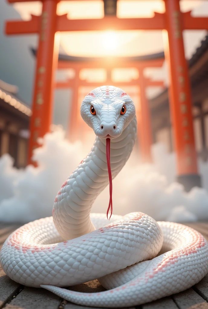 A realistic photograph with the prayer "Resurrection and Rebirth" beautifully written in gold calligraphy. A sacred white snake coils gracefully. Its shimmering scales have a pale pink pattern and reflect the light like glass. The snake is poised and gazes at the viewer with its sparkling blue eyes, exuding strength and grace. In the background, a glowing spiritual cloud covers the image, and a vermilion torii gate can be seen faintly in the distance. front view, 