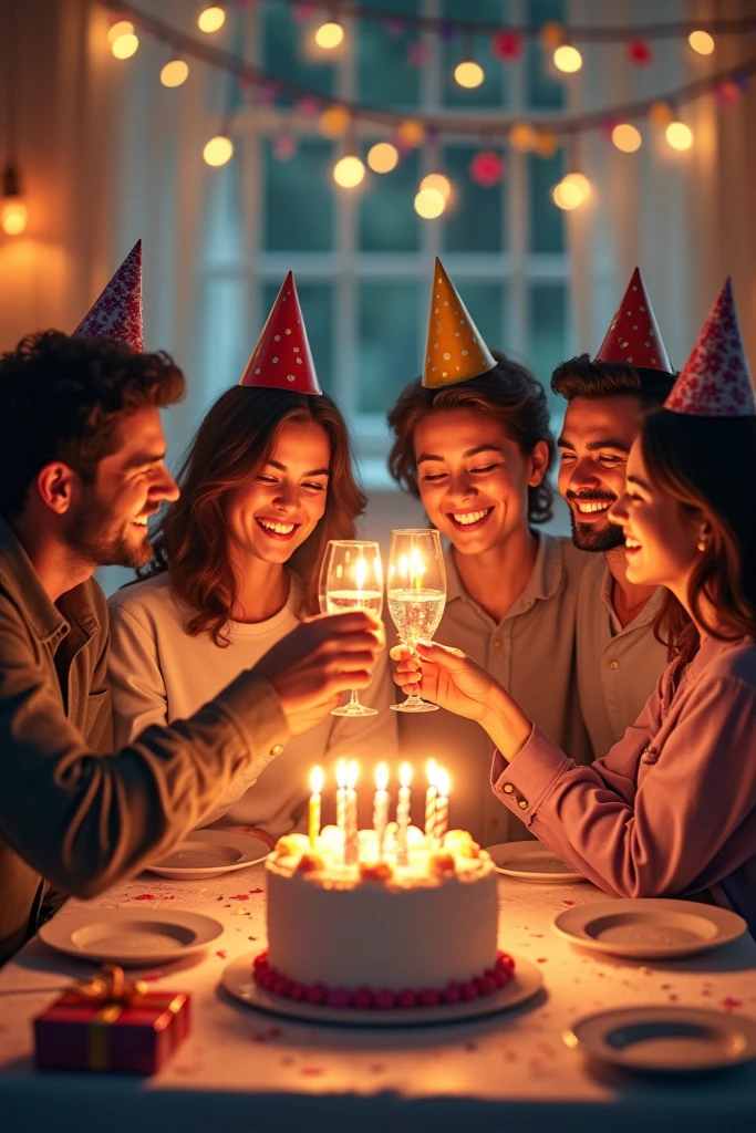 a group of people around a festive table, laughing and exchanging gifts, birthday balloons and decorations create a joyful and welcoming atmosphere, detailed facial features, extremely detailed eyes and face, longeyelashes, beautiful detailed lips, (best quality,4k,8k,highres,masterpiece:1.2),ultra-detailed,(realistic,photorealistic,photo-realistic:1.37),cinematic,dramatic lighting,vibrant colors,photorealistic