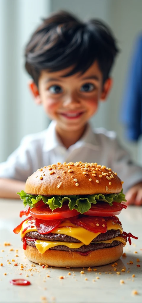 guttonerdreliberate1, portrait of a 3-year-old boy wearing glasses, (((plate with hamburger and fried gowns on the counter)))), (posing for the photo: 1.2), hands behind the body, dressing, (white clothing: 1.3) cook, chef, masterchef, (red cap: 1.5) without print and without embroidery. Industrial kitchen scenario. Detailed, realistic, depth of field