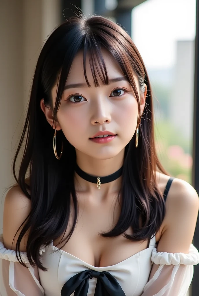 A radiant 18-year-old Japanese woman with dark hair, embodying the essence of style in a mix of stylish dresses, playful short stockings with garter accents, and confident thigh-high boots, (masterpiece, best quality 1.4), (8k, RAW photo:1.2), (realistic, photo realistic:1.4), ultra-high resolution, (high-definition 8K wallpaper), confident expression, gentle lighting, slightly blurred background, (stylish dress, garter accents, confident boots:1.2), (vogue editorial shoot).