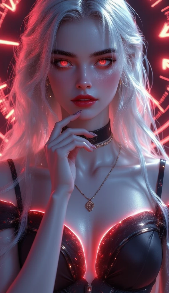 a photorealistic girl who can use time magic with smooth and silky long White translucent hair, and neon glowing vampiric red eyes eyes  , medium sized breasts, there is a neon red ultra futuristic and ultra defined clock in the background with a cinematic lighting,she is wearing a modern red-white gradient glowing off shoulder double tshirt with an exotic glow  ,  she is also wearing an ecstatic thin modern black neckband, there is a mesmerizing  look on her face and a seductive smile, standing in a mesmerizing pose with her right hand on her cheek, , ecstatic neckline and jawline,(pale white skin with redness) , ( aura emenating around her),solo leveling manhwa art style,highly defined and high resolution 8k