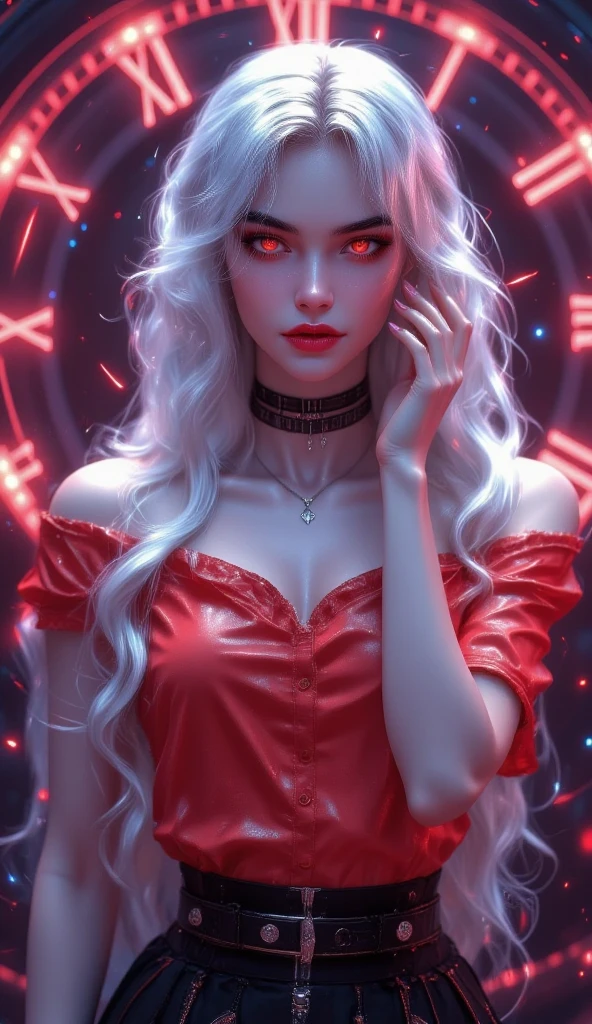 a photorealistic girl who can use time magic with smooth and silky long White translucent hair, and neon glowing vampiric red eyes eyes  , medium sized breasts, there is a neon red ultra futuristic and ultra defined clock in the background with a cinematic lighting,she is wearing a modern red-white gradient glowing off shoulder double tshirt with an exotic glow  ,  she is also wearing an ecstatic thin modern black neckband, there is a mesmerizing  look on her face and a seductive smile, standing in a mesmerizing pose with her right hand on her cheek, , ecstatic neckline and jawline,(pale white skin with redness) , ( aura emenating around her),solo leveling manhwa art style,highly defined and high resolution 8k