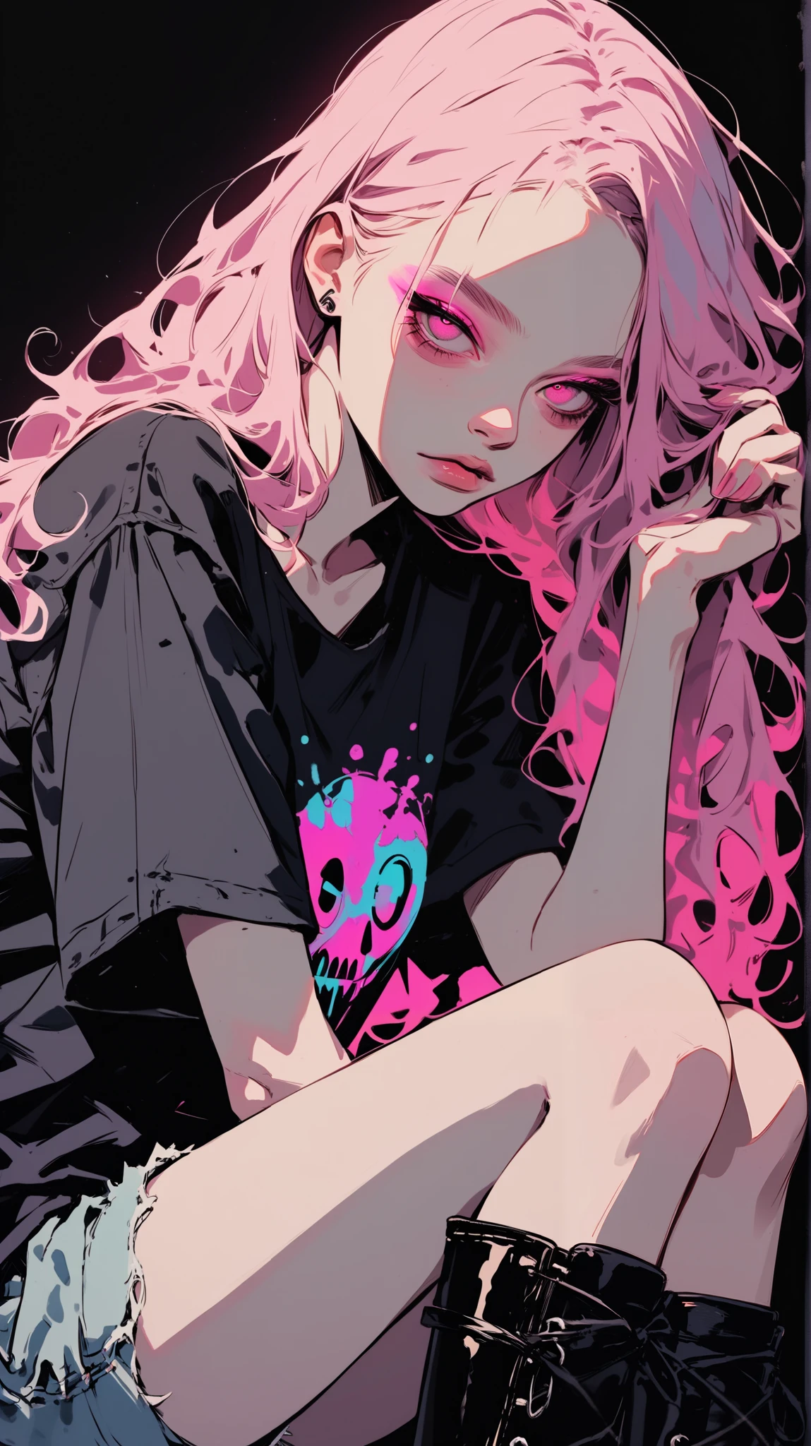 Anime girl with pink hair and black shirt sitting on a chair - SeaArt AI