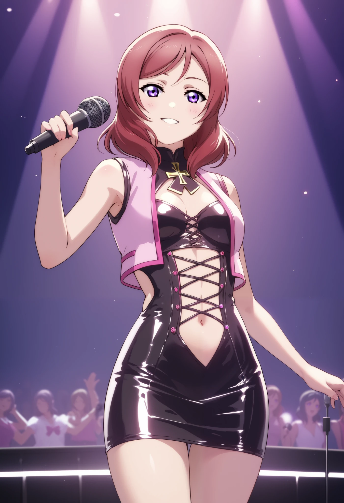 Nishikino maki, purple eyes,love live , detailed body, p4l0m4,love live,black latex short tight dress , central cross-laced cutout, covered navel,pink cropped vest, breasts apart, sexy pose, revealing clothes, dynamic lighting,on stage, seductive smile, dancing, holding microphone, singing