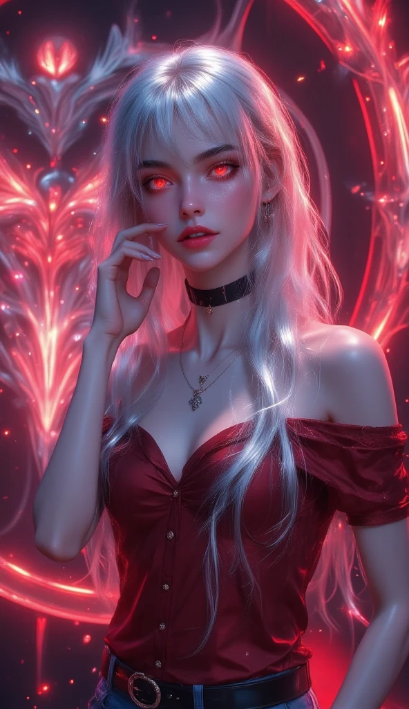 a photorealistic girl who can use time magic with smooth and silky long White translucent hair, and neon glowing vampiric red eyes eyes  , medium sized breasts, there is a neon red ultra futuristic and ultra defined clock in the background with a cinematic lighting,she is wearing a modern red-white gradient glowing off shoulder double tshirt with an exotic glow  ,  she is also wearing an ecstatic thin modern black neckband, there is a mesmerizing  look on her face and a seductive smile, standing in a mesmerizing pose with her right hand on her cheek, , ecstatic neckline and jawline,(pale white skin with redness) , ( aura emenating around her),solo leveling manhwa art style,highly defined and high resolution 8k