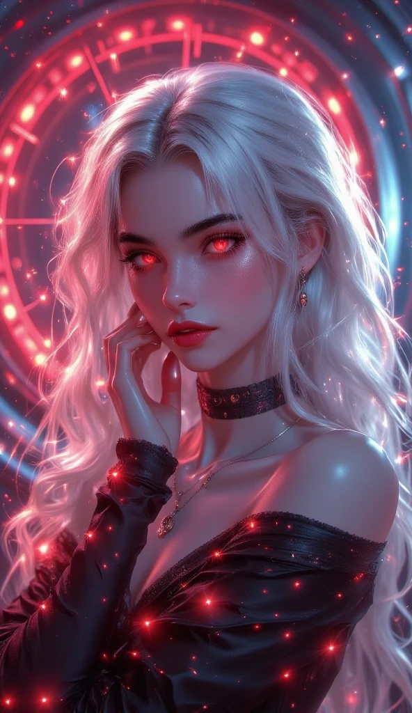 a photorealistic girl who can use time magic with smooth and silky long White translucent hair, and neon glowing vampiric red eyes eyes  , medium sized breasts, there is a neon red ultra futuristic and ultra defined clock in the background with a cinematic lighting,she is wearing a modern red-white gradient glowing off shoulder double tshirt with an exotic glow  ,  she is also wearing an ecstatic thin modern black neckband, there is a mesmerizing  look on her face and a seductive smile, standing in a mesmerizing pose with her right hand on her cheek, , ecstatic neckline and jawline,(pale white skin with redness) , ( aura emenating around her),solo leveling manhwa art style,highly defined and high resolution 8k