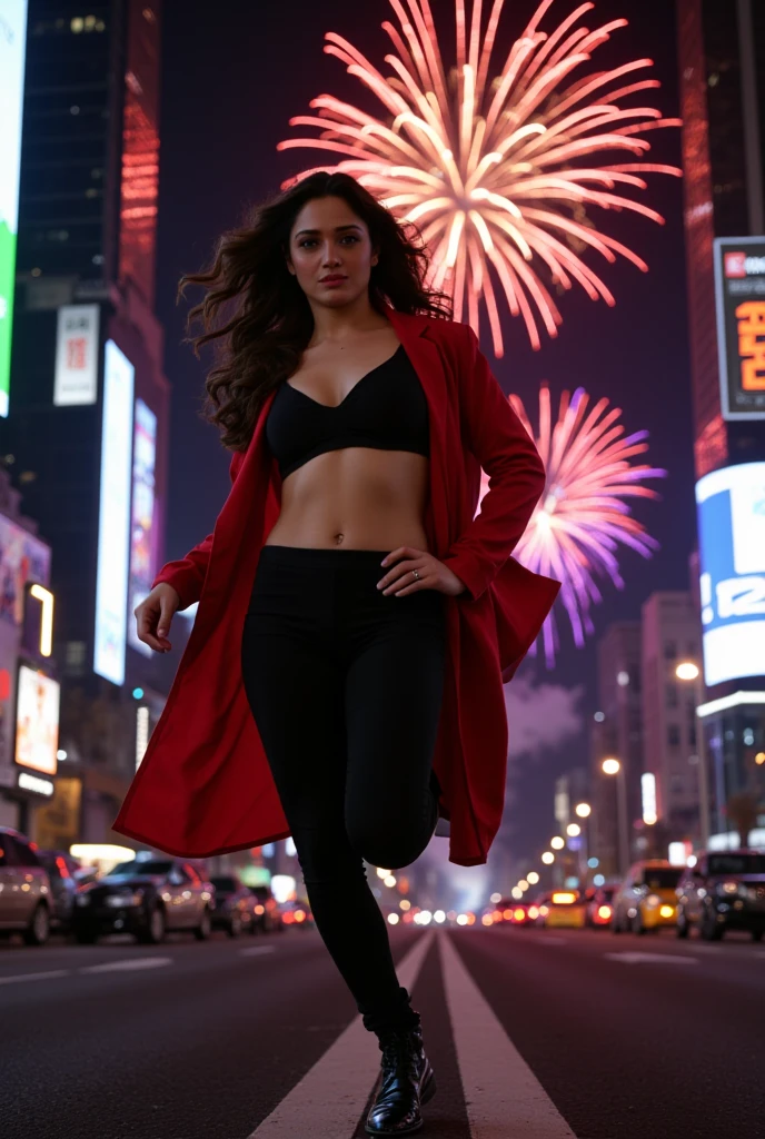 Generate a sharp, photorealistic half-body image of Tamannaah, set in a bustling urban city center at night. She is in a dynamic pose, mid-jump or dance, with one leg lifted and her body twisted. One hand is on her hip, and the other is raised, with her long hair flowing gracefully. She wears a minimalistic black top hugging her toned midriff, black panties, and a flowing red coat that billows behind her. The background features towering buildings with bright billboards and digital screens, and spectacular fireworks in red, gold, and purple are bursting in the sky. The lighting is a mix of darkness and artificial light, creating dramatic contrasts. The image should have pixel-perfect skin texture and appear like a professional photograph. Use 'tamanna' to trigger her LoRA for accurate features.