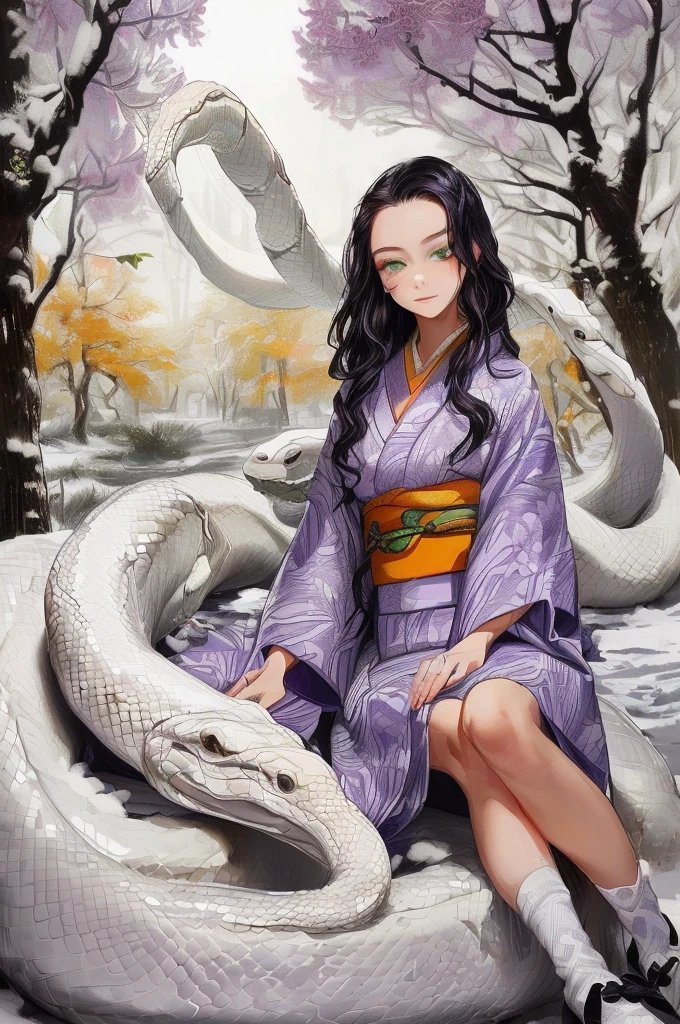 (16k,  RAW photos ,  top quality , masterpiece), (Perfect illustration:1.5), score_9,score_8_ up,score_7_ up,8k,  Learn more , (A giant white snake with a mysterious pattern :1.5), (Beautiful girl dressed in kimono:1.5), ( beautiful monolid eyes :1.5), Amazing Details,  ( Shiny Skin :1.2), ( beautiful delicate black hair :1.5), (Mysterious lilac light filtering through the trees:1.5), (Focus on the forehead :1.5), ( show the patterned forehead :1.5), (Kimono with a mysterious green and orange pattern:1.5), (A snake watches over a sleeping girl:1.5), ( large tree covered with snow :1.5), (The snake sits in a friendly manner:1.5), (Yellow-white skin :1.5), (Beautiful white socks :1.5),