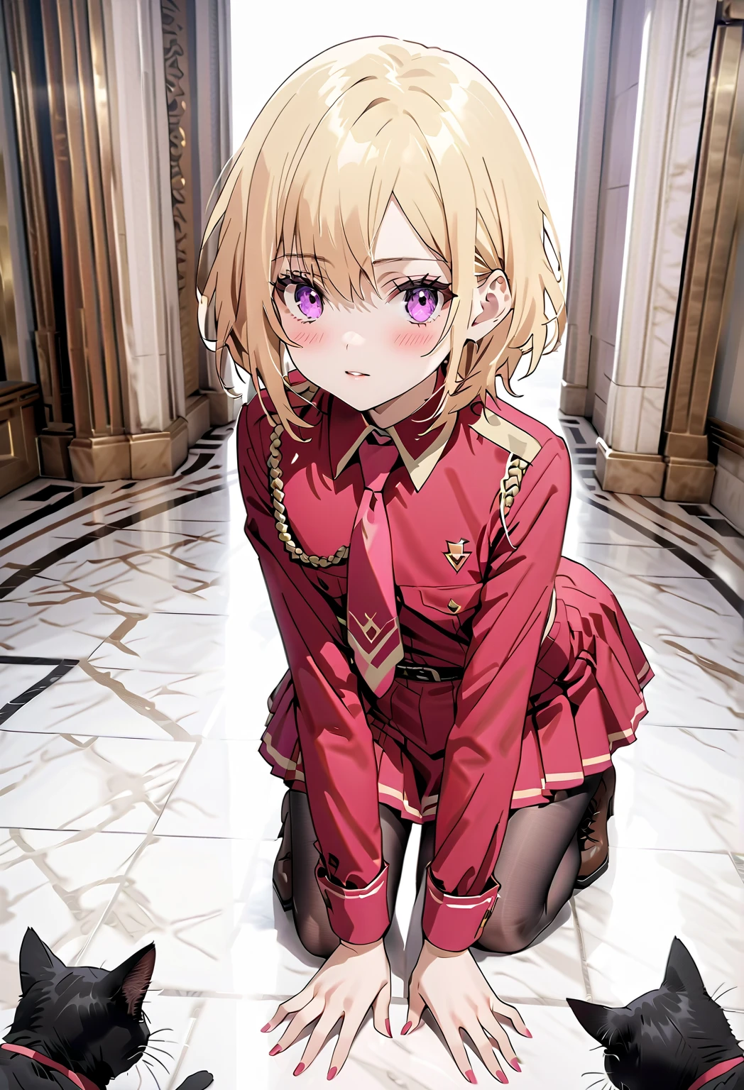  high image quality 、masterpiece、  High Quality   、Full HD、4K 、Take a full-body photo、 Golden Hair 、 、 short bob  、 purple eyes、Cat Eyes、blush、 Danger Emoticons、Estrus、 slim、 flat chest、blush、Get on all fours on the marble floor、 look back、Show me your back、royal palace、kuro no pantyhose 、 show me white panties 、brown military long boots that go up to the knee、Red Uniform、 red tie、Roll up a red skirt