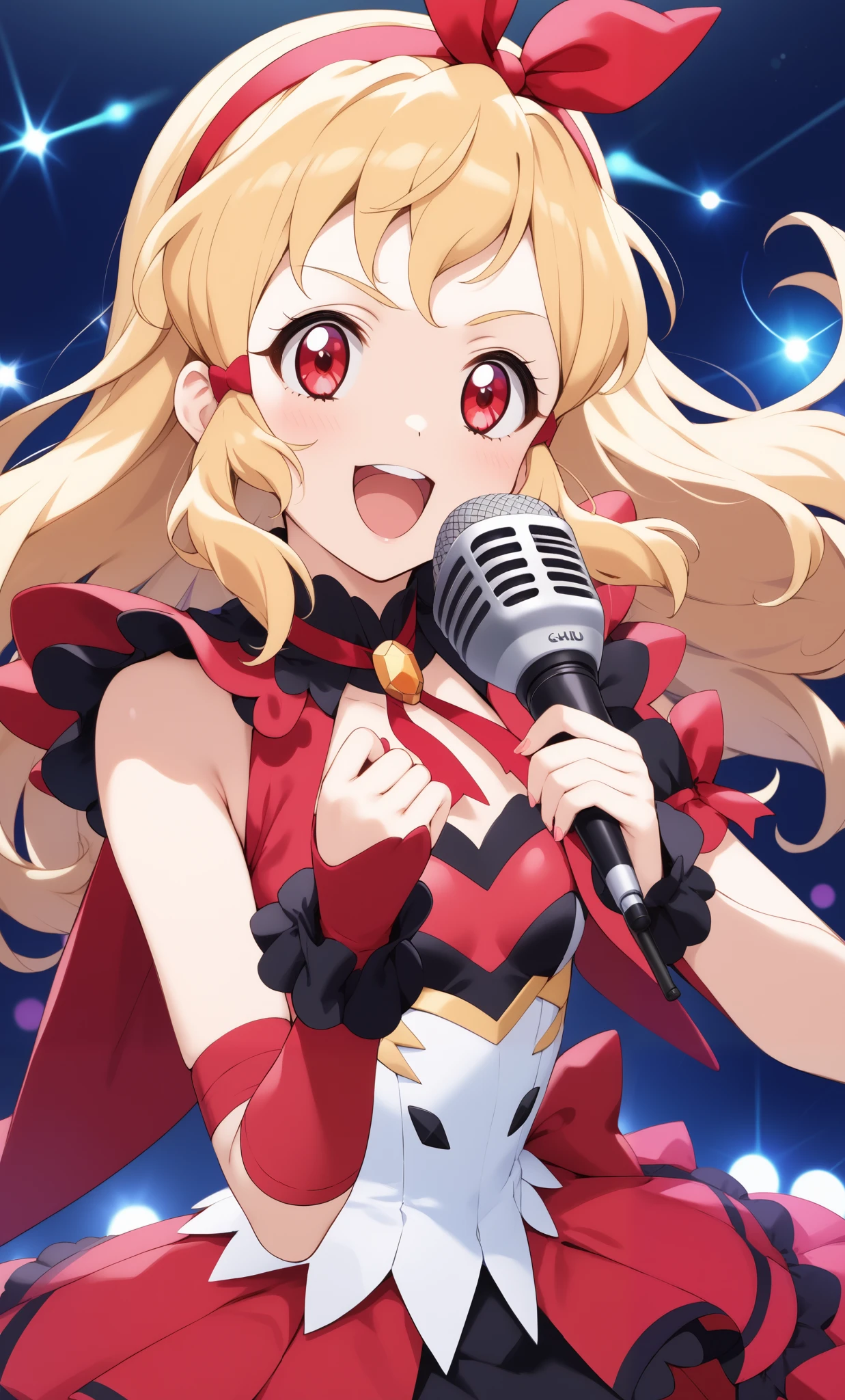 (RED Ribbon on HAIRband:1.2),aikatsu,1 girls,in senki zesshou symphogear style , Blonde long hair,black battle suit,BREAK,ultra-definition, high resolution, ultra-detail CG,caustics, Live stage, in front of super large vision, singing, stand microphone ,RED eyes