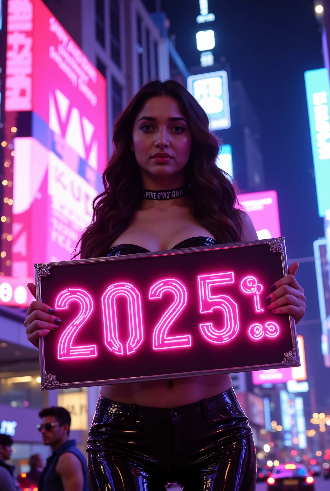 Generate a sharp, photorealistic half-body image of Tamannaah standing in a vibrant, neon-lit urban environment at night. The background should feature a bustling cityscape with colorful neon signs and billboards emitting pink, blue, and purple hues, which reflect off her outfit and the sign she holds. The ambient lighting is dim, with neon lights providing primary illumination, creating dramatic contrasts and shadows.

Tamannaah holds a 'Happy New Year 2025' sign in bright pink neon letters, with ornate corners adding a decorative touch. She wears a sleek, black, form-fitting outfit—strapless top highlighting her waist and midriff, and high-cut bottoms elongating her legs—made of shiny material like leather or latex, reflecting the neon lights. She sports a black choker with text, long dark hair cascading down her shoulders, exuding a confident and edgy vibe.

The cityscape background includes large illuminated billboards and signs with multilingual text, tall buildings, and city lights with reflections and bokeh effects, creating a cosmopolitan and futuristic atmosphere. The overall mood is celebratory and modern, capturing the excitement of the new year in a dynamic and captivating composition.

Ensure the image is sharp, photorealistic, with pixel-perfect skin texture, viewed from a slight side front angle, showcasing her confident pose and the details of her outfit and the surroundings.