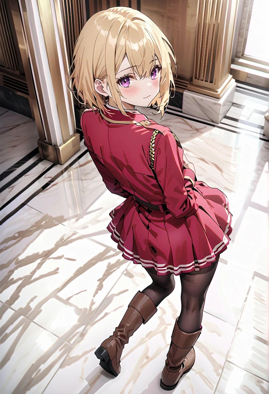  high image quality 、masterpiece、  High Quality   、Full HD、4K 、Take a full-body photo、 Golden Hair 、 、 short bob  、 purple eyes、Cat Eyes、blush、 Danger Emoticons、Estrus、 slim、 flat chest、blush、Kneel on the marble floor、 look back、Show me your back、royal palace、kuro no pantyhose 、 show me white panties 、brown military long boots that go up to the knee、Red Uniform、 red tie、Give me a red skirt