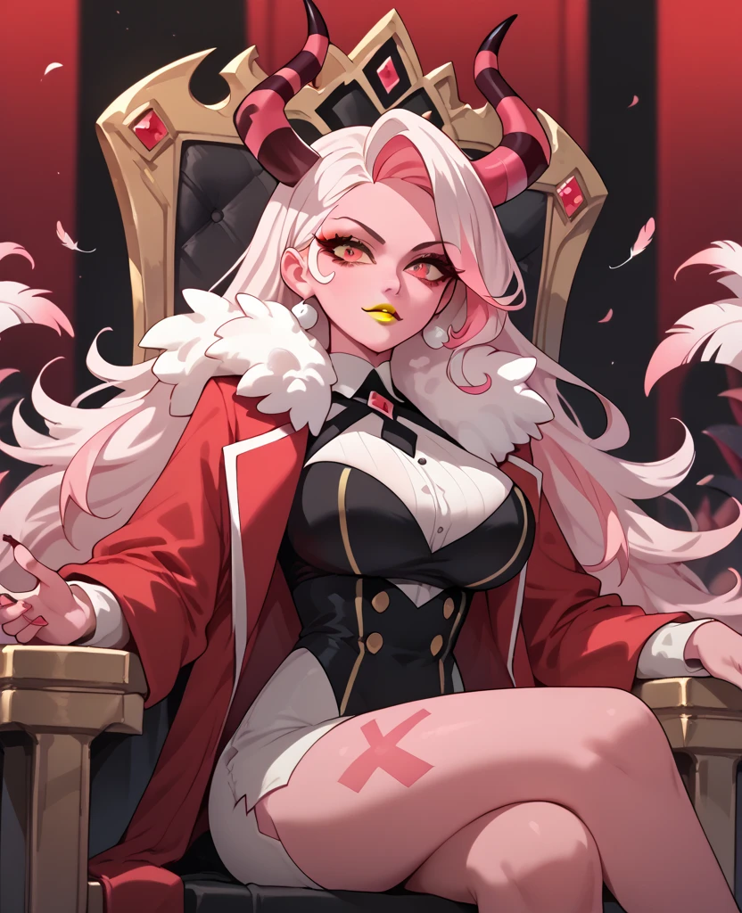 woman, big breasts, yellow lipstick, white hair, light pink hair, multicolored hair, long hair, horns, red eyes, pink skin, fusion, anime style, red suit, sitting on a throne, pink feather scarf, hell, solo, Charlie 