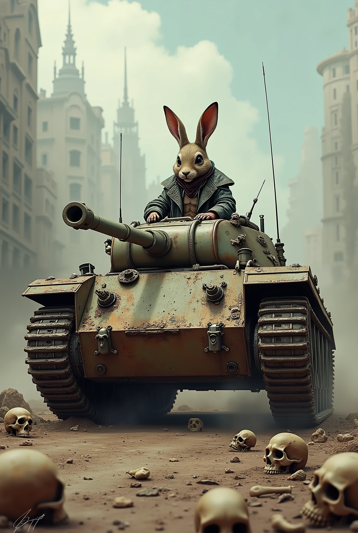 World war tank, old rusty tank, human-Rabbit mirant is a tank driver, punk art, war background, sci-fi, apocalypse art, human skulls and bones