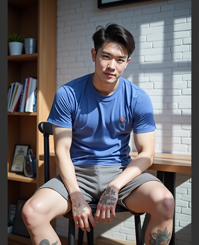 Arafed man in a briefs, handsome man, handsome guy, Full Body Shoot, photoshoot, beard, a little beard, male underwear, briefs, portrait, look at camera, detailed facial parts, Manly, Charmer, Active Boy, sitting, sitting on chair, legs opened, harness, happy expression, smile, perfect anatomy, symmetric body, asian boy 25-year-old, shirtless :: high detail, asian, a little six packs attractive body, realistic, human skin, handsome chad chin, shirtless, handsome, lean muscle, attractive, slim, masculine, sexually attractive, human skin, (eyes contact), Handsome, Attractive, bulge in briefs, The crotch is raised, bright tone, pastel background