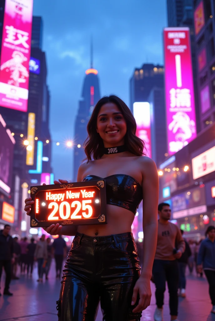 Tamannaah stands confidently in a futuristic cityscape just after sunset, with the sky still holding traces of blue and pink, contrasting with the neon lights of the city. She is positioned at a slight angle to the camera, facing slightly towards the 'Happy New Year 2025 令和1' sign she holds. Her left shoulder is closer to the camera, accentuating the curves of her form. She stands with her feet shoulder-width apart, exuding confidence and poise. The city behind her is a marvel of modern architecture, with tall buildings adorned with bright, neon-lit billboards in shades of pink, blue, and purple. Holographic advertisements float in the air, and flying cars leave trails of light in the sky, adding to the dynamic and energetic atmosphere. In the background, people are seen walking and mingling, some holding sparklers or wearing party hats, adding to the festive ambiance. She holds the sign, which is made of a lightweight, futuristic material, featuring neon accents that glow brightly against the night sky. The sign is designed with ornate corners, giving it a touch of elegance amidst the modernity. Dressed in a sleek, black, form-fitting outfit consisting of a strapless top and high-waisted bottoms, with a glossy finish that reflects the neon lights, she exudes a futuristic and elegant look. She wears a black choker with '3GR5' inscribed on it, adding an edgy touch, and has a small, barely legible tattoo or text on her chest. The scene is illuminated by vibrant neon lights, casting a colorful glow that highlights the modernity of the setting and reflects off her outfit and the sign. Tamannaah exudes confidence and joy, wearing a captivating smile that combines allure and happiness, perfectly embodying the spirit of the New Year's celebration. The image captures her in a confident and sexy pose, perfect for a futuristic New Year's celebration, with a celebratory and anticipatory atmosphere. The composition is a half-body shot, viewed slightly from the right front side,