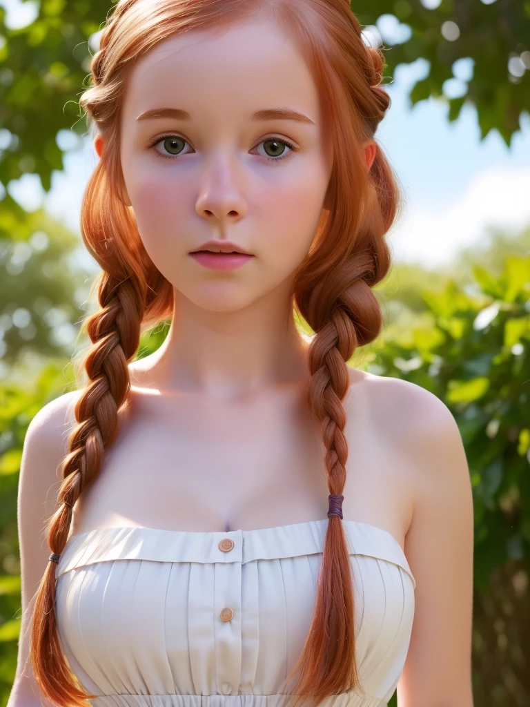 A young girl around 16 years old with long, vibrant red hair tied in two high pigtails. She stands barefoot, with very pale skin covered with numerous freckles, visible on her face, arms, and legs. She stands barefoot. She is very slender, both slightly worn. Her expression is somber, reflecting a melancholic atmosphere.
