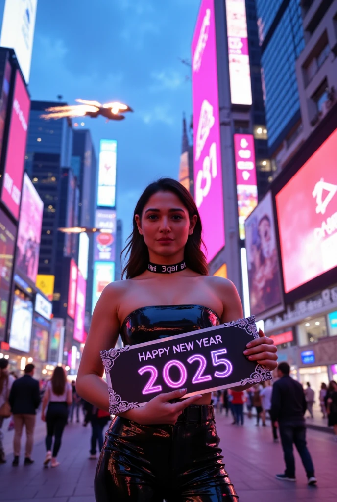 Tamannaah stands confidently in a futuristic cityscape just after sunset, with the sky still holding traces of blue and pink, contrasting with the neon lights of the city. She is positioned at a slight angle to the camera, facing slightly towards the 'Happy New Year 2025 令和1' sign she holds. Her left shoulder is closer to the camera, accentuating the curves of her form. She stands with her feet shoulder-width apart, exuding confidence and poise. The city behind her is a marvel of modern architecture, with tall buildings adorned with bright, neon-lit billboards in shades of pink, blue, and purple. Holographic advertisements float in the air, and flying cars leave trails of light in the sky, adding to the dynamic and energetic atmosphere. In the background, people are seen walking and mingling, some holding sparklers or wearing party hats, adding to the festive ambiance. She holds the sign, which is made of a lightweight, futuristic material, featuring neon accents that glow brightly against the night sky. The sign is designed with ornate corners, giving it a touch of elegance amidst the modernity. Dressed in a sleek, black, form-fitting outfit consisting of a strapless top and high-waisted bottoms, with a glossy finish that reflects the neon lights, she exudes a futuristic and elegant look. She wears a black choker with '3GR5' inscribed on it, adding an edgy touch, and has a small, barely legible tattoo or text on her chest. The scene is illuminated by vibrant neon lights, casting a colorful glow that highlights the modernity of the setting and reflects off her outfit and the sign. Tamannaah exudes confidence and joy, wearing a captivating smile that combines allure and happiness, perfectly embodying the spirit of the New Year's celebration. The image captures her in a confident and sexy pose, perfect for a futuristic New Year's celebration, with a celebratory and anticipatory atmosphere. The composition is a half-body shot, viewed slightly from the right front side,