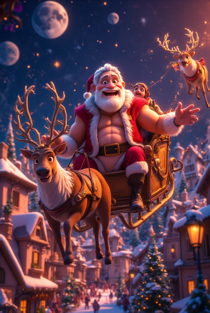 very detailed, dynamic, cinematic, splendid, realistic lighting and shadows, Vivid, vibrant, octane rendering, Unreal Engine, very detailed, conceptual art, realistic, Motor de Cry, (dramatic, granulated, intense: 1.4), highest quality , 32K uhd, Incredibly detailed , intricately detailed , ultra detailed lingerie top, ultra high quality, high detail, ultra detailed lingerie top, masterpiece , A magical Disney-style 3D animation scene from ( huge muscular Santa Claus ) riding his sleigh , pulled by eight majestic reindeer , flying high across a starry Christmas Eve sky . huge muscular Santa, dressed in his classic suit and red hat , beckons cheerfully as he prepares to deliver gifts to Ren around the world . The sleigh shines with magical golden dust leaving a trail , adding a whimsical glow to the scene. below, a picturesque city is beautifully decorated with festive Christmas lights , with roofs and trees shimmering in warm colors . The streets are bustling with small bright details of families celebrating indoors. The night sky is deep blue , dotted with twinkling stars and the soft glow of a waxing Moon , creating a sense of wonder and warmth . The style is vibrant and colorful, capturing the charm and magic of an animated Disney holiday story .