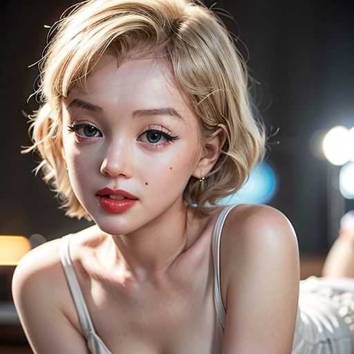 High-level, 8K Masterpiece TopQuality, Ultra-detailed CG, Absurd detailed wallpaper, PerfectLighting, (Extremely detailed ((Personifying " Marilyn Monroe " as a KAWAII Girl)) with Characteristic Items), aesthetic LifeLike Rendering, MysticSight, Haze Tyndall Scattering, (Studio GRAY Background with (Oodles Dazzling RainbowColorParticles (BokeH))), ((Assfocus) RoundlyButts ThighGap), (Exposed:0.5) 🔞 BREAK (Acutance:0.8), (NOGIZAKA FaceVariations) Extremely Detailed very KAWAII FaceVariations, Childish CaptivatingGaze Detailed Reflective Eyes with (SparklingHighlights:1.28), Detailed (Voluminous LongEyelashes:0.88)、Glossy RedLips with beautiful details, Kissable tongue, RosyCheeks, Radiant PearlSkin with Transparency, Glowing DowneyHair . { (Dynamic LifeLike expressions:1.4) | (:d) }, (large eyes:-1) .