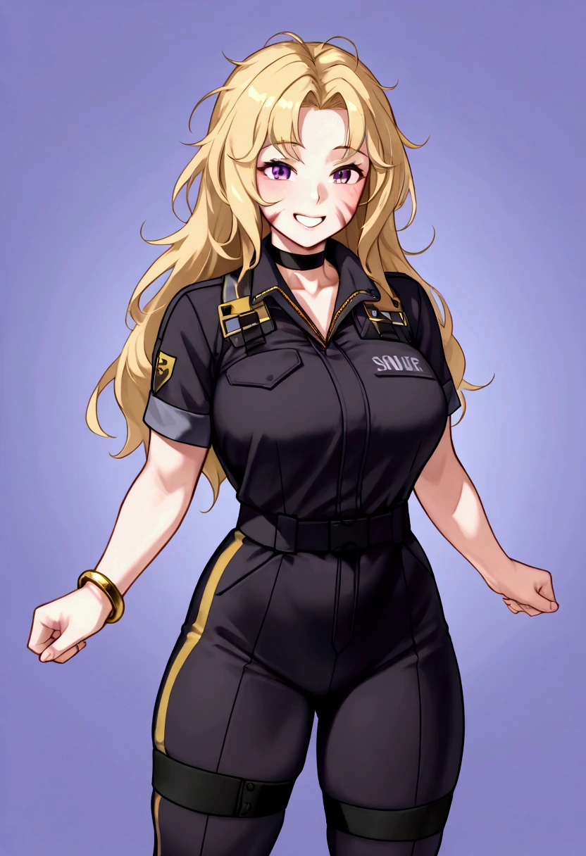 50-year-old woman, defined and strong body, bright blonde hair, messy hair, long hair without much volume, characteristic bangs on the right side of her face, some age marks on her face. Black combat jumpsuit with a high collar, short sleeves, noble gold details, wide bottom part but glued to the top, two golden bracelets. Front view, purple eyes, friendly smile, gentle but rough face, black choker(pretty, cheerful smile, milf, outfit, noble outfit, workout outfit, combat outfit, showing teeth, 50 years, old, excited smile)